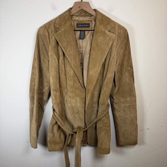 Banana Republic Vintage Suede Leather Jacket Blazer Belted Size L 2002 Boho Tan - Picture 6 of 6